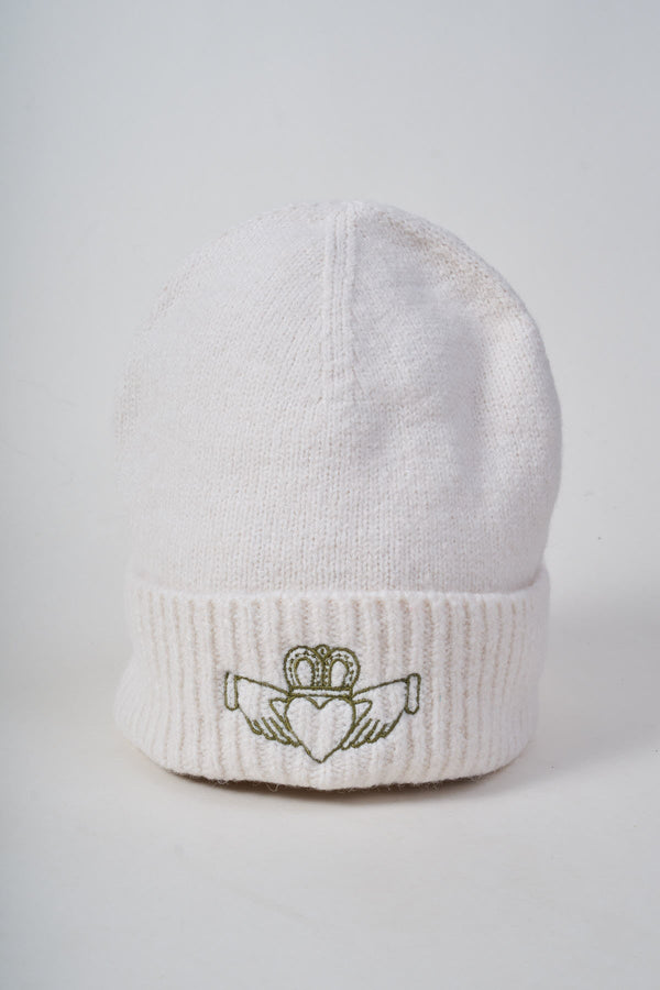 Carraig Donn Cream Knit Green Embroidered Claddagh Design Hat