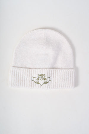 Carraig Donn Cream Knit Green Embroidered Claddagh Design Hat