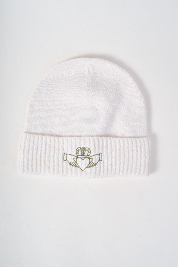Carraig Donn Cream Knit Green Embroidered Claddagh Design Hat