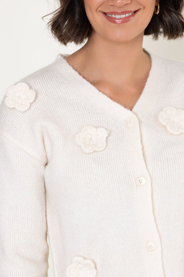 Carraig Donn Cream Knitted Floral Applique V-Neck Long Sleeve Cardigan