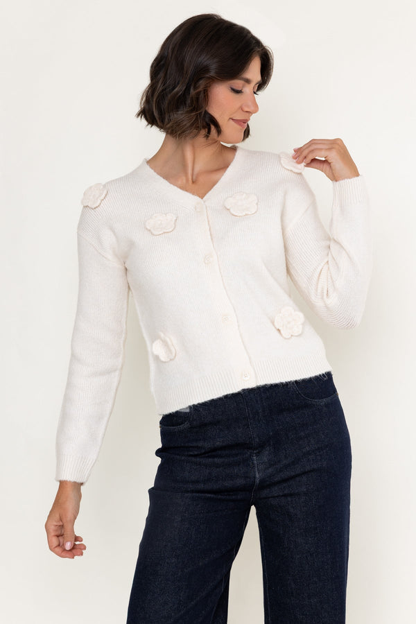 Carraig Donn Cream Knitted Floral Applique V-Neck Long Sleeve Cardigan