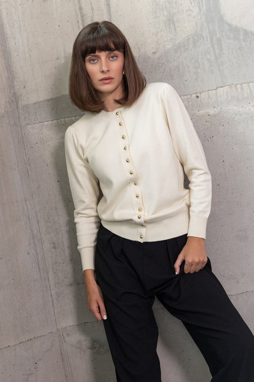 Cream Knitted Regular Fit Button Detail Long Sleeve Cardigan