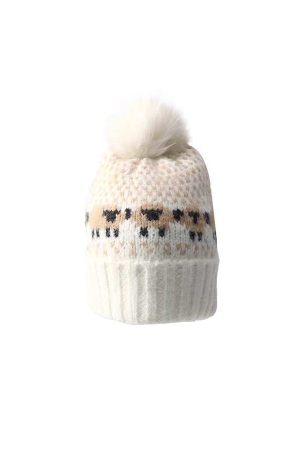 Carraig Donn Cream Knitted Sheep Motif Pom Pom Beanie Hat