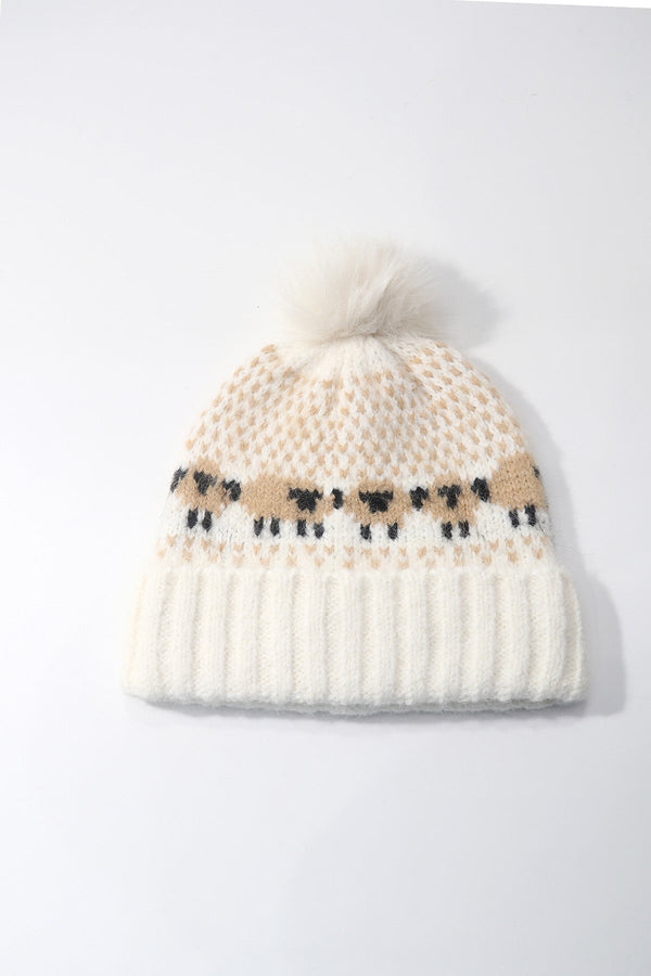 Carraig Donn Cream Knitted Sheep Motif Pom Pom Beanie Hat