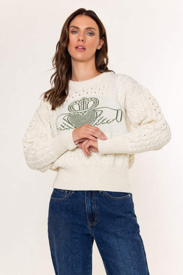 Carraig Donn Cream Merino Wool Claddagh Aran Jumper