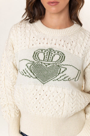 Carraig Donn Cream Merino Wool Claddagh Aran Jumper