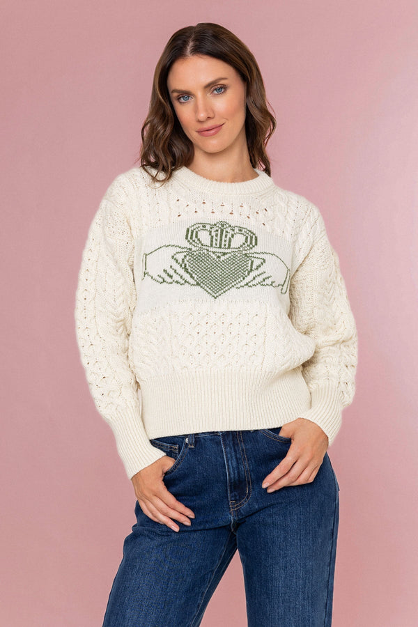 Carraig Donn Cream Merino Wool Claddagh Aran Jumper