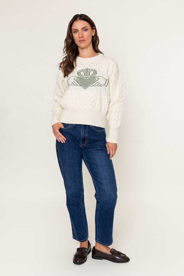 Carraig Donn Cream Merino Wool Claddagh Aran Jumper