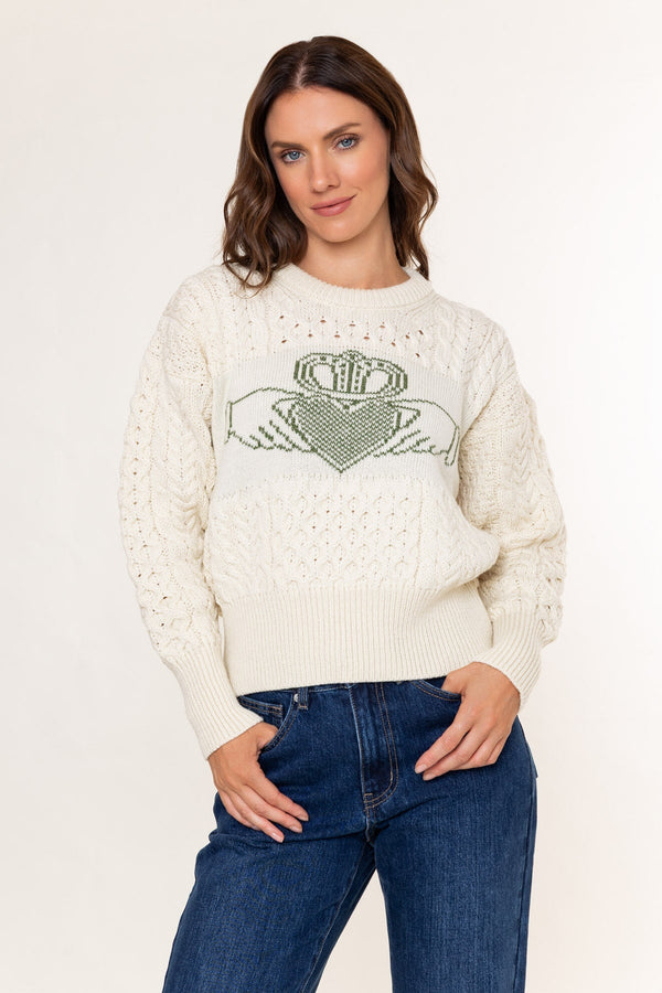 Carraig Donn Cream Merino Wool Claddagh Aran Jumper