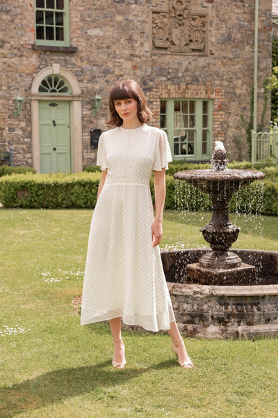 Cream Midi Dress with Gold Foil Polka Dots