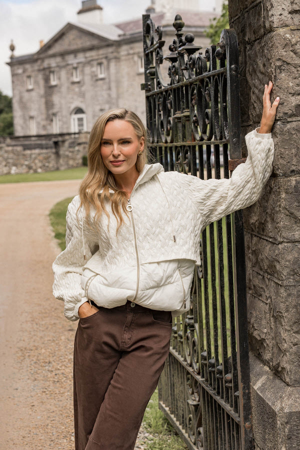 Carraig Donn Cream Nylon Textured Quilted Hooded Zip Jacket