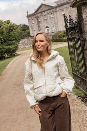 Carraig Donn Cream Nylon Textured Quilted Hooded Zip Jacket