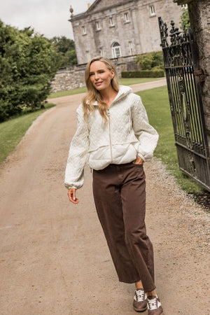 Carraig Donn Cream Nylon Textured Quilted Hooded Zip Jacket