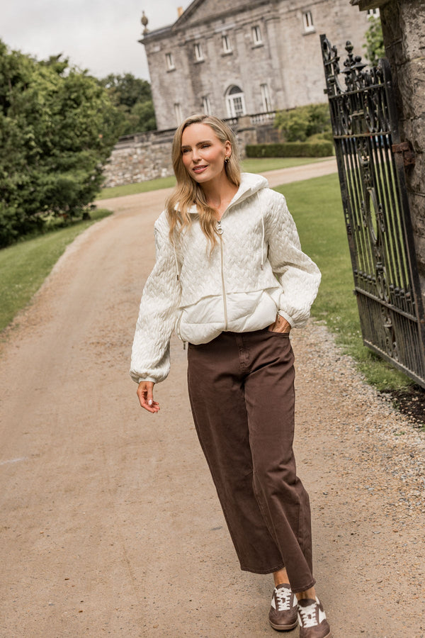 Carraig Donn Cream Nylon Textured Quilted Hooded Zip Jacket