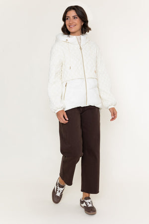 Carraig Donn Cream Nylon Textured Quilted Hooded Zip Jacket