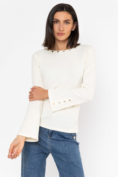 Cream Ribbed Regular Fit Boat Neck Eyelet Detail Long Sleeve Top