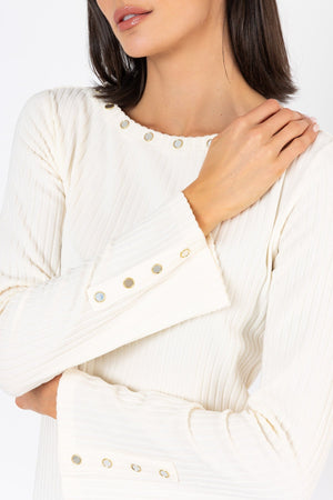 Carraig Donn Cream Ribbed Regular Fit Boat Neck Eyelet Detail Long Sleeve Top