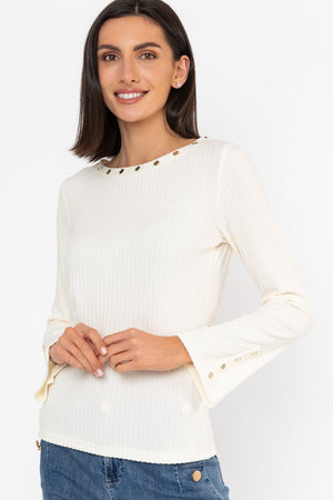 Carraig Donn Cream Ribbed Regular Fit Boat Neck Eyelet Detail Long Sleeve Top