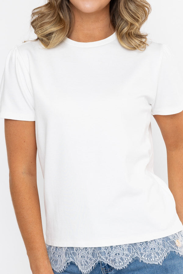 Carraig Donn Cream Viscose Blend Regular Fit Lace Trim Short Sleeve T-Shirt