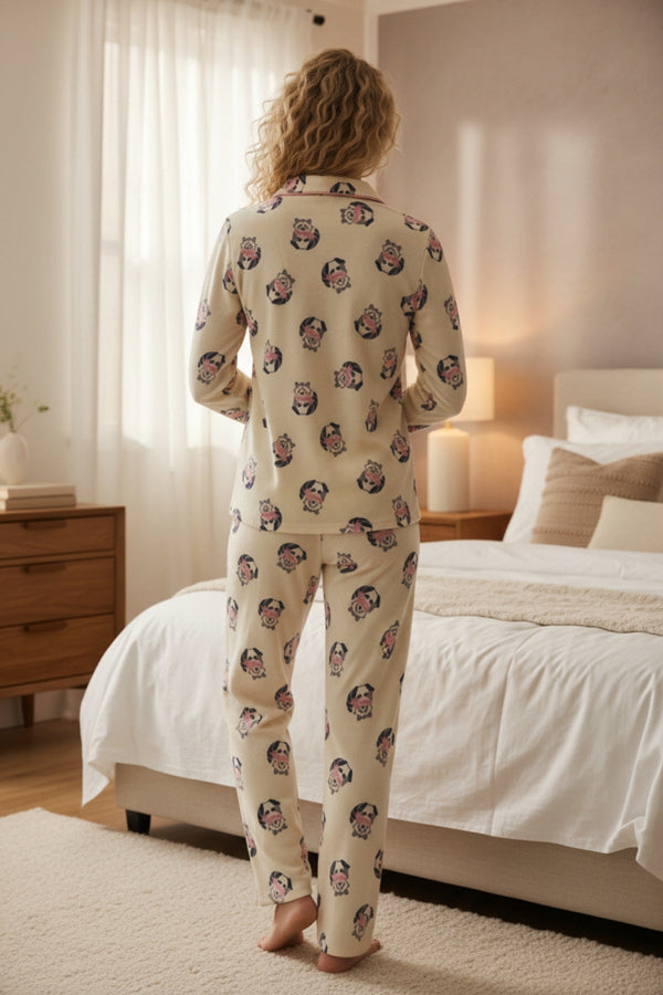 Carraig Donn Cream Wincey Cotton Racoon Print Long Sleeve Pyjama Set