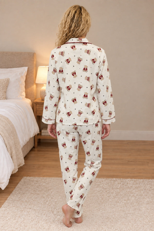 Carraig Donn Cream Wincey Cotton Teddy Bear Print Long Sleeve Pyjama Set