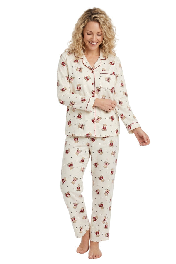 Carraig Donn Cream Wincey Cotton Teddy Bear Print Long Sleeve Pyjama Set