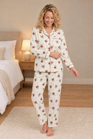 Carraig Donn Cream Wincey Cotton Teddy Bear Print Long Sleeve Pyjama Set