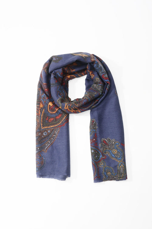 Dark Blue Paisley Print Viscose Lightweight Scarf
