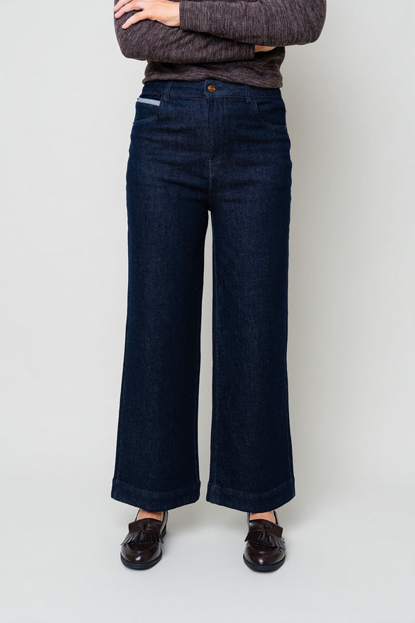 Carraig Donn Dark Denim Cotton High Waisted Wide Leg Trousers