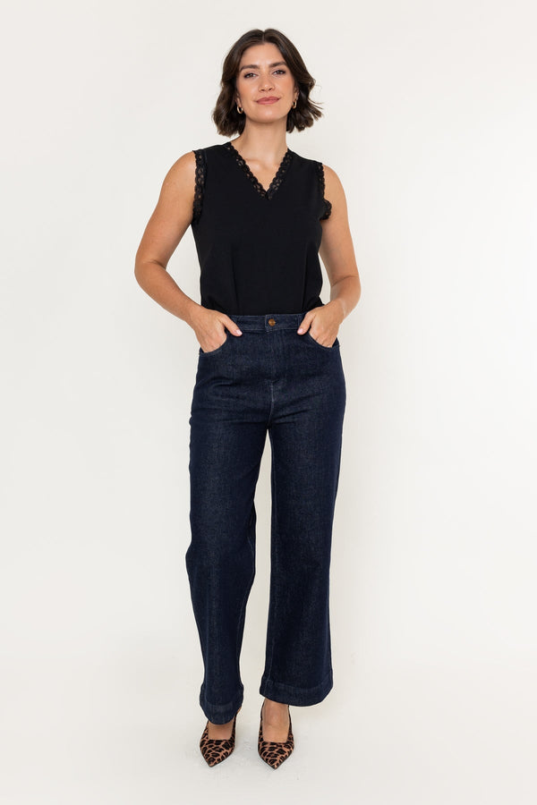 Carraig Donn Dark Denim Cotton High Waisted Wide Leg Trousers