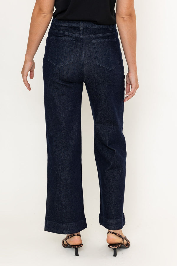 Carraig Donn Dark Denim Cotton High Waisted Wide Leg Trousers