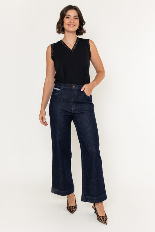 Dark Denim Cotton High Waisted Wide Leg Trousers