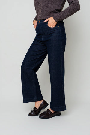 Carraig Donn Dark Denim Cotton High Waisted Wide Leg Trousers