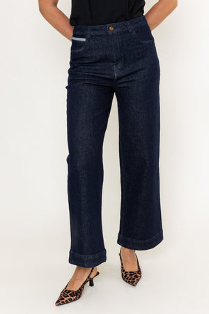 Carraig Donn Dark Denim Cotton High Waisted Wide Leg Trousers