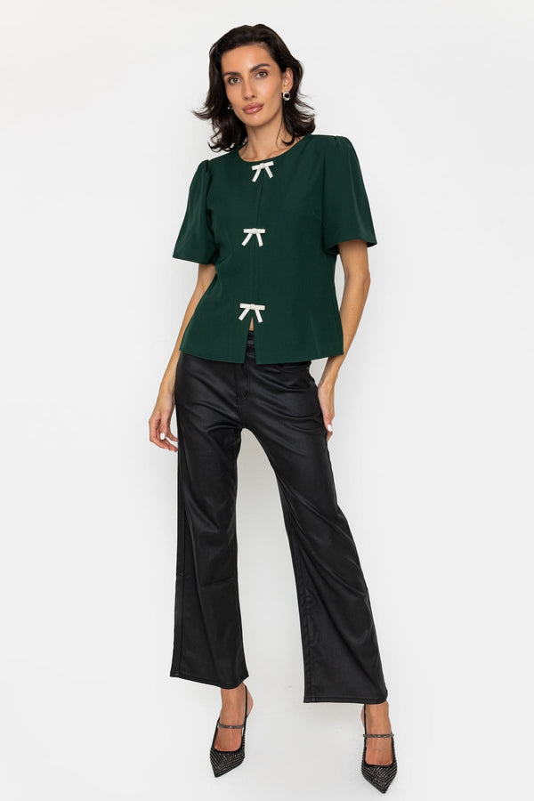 Carraig Donn Dark Green 3 Bow Detail Short Sleeve Top