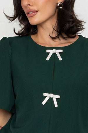 Carraig Donn Dark Green 3 Bow Detail Short Sleeve Top