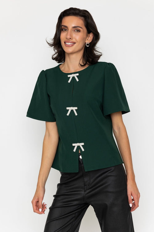 Dark Green 3 Bow Detail Short Sleeve Top