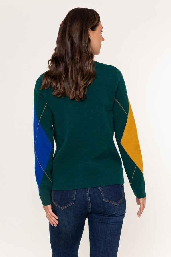 Carraig Donn Dark Green Argyle Knit Jumper With Mustard & Blue Detail