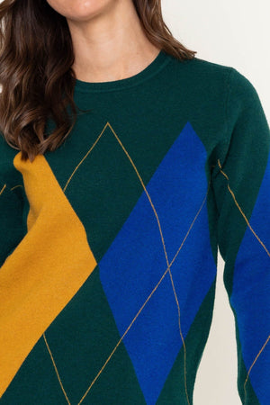 Carraig Donn Dark Green Argyle Knit Jumper With Mustard & Blue Detail