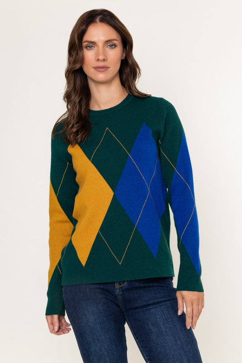 Dark Green Argyle Knit Jumper With Mustard & Blue Detail