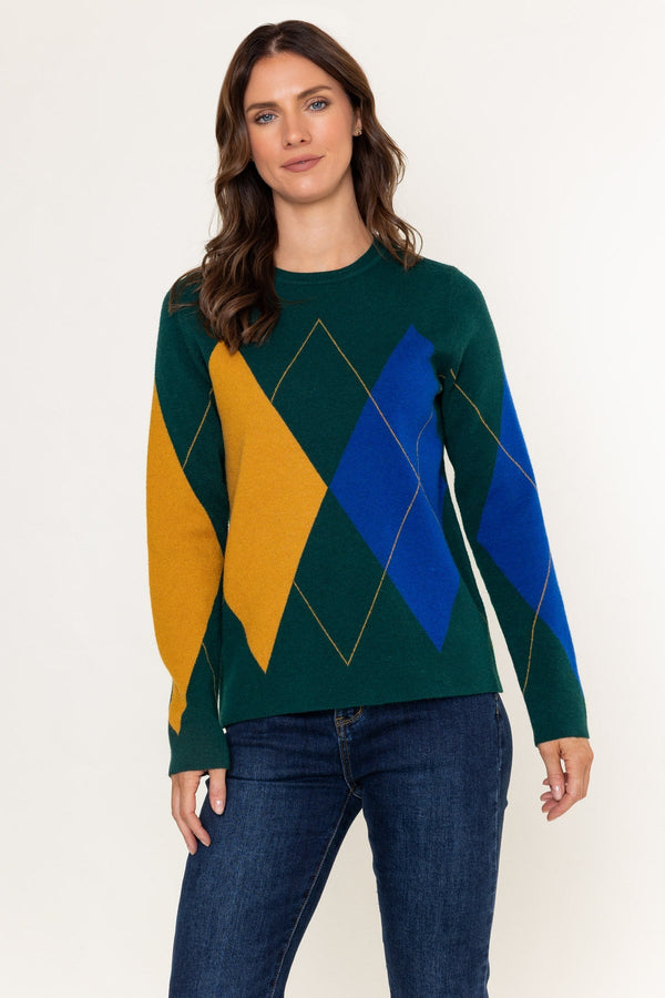 Carraig Donn Dark Green Argyle Knit Jumper With Mustard & Blue Detail
