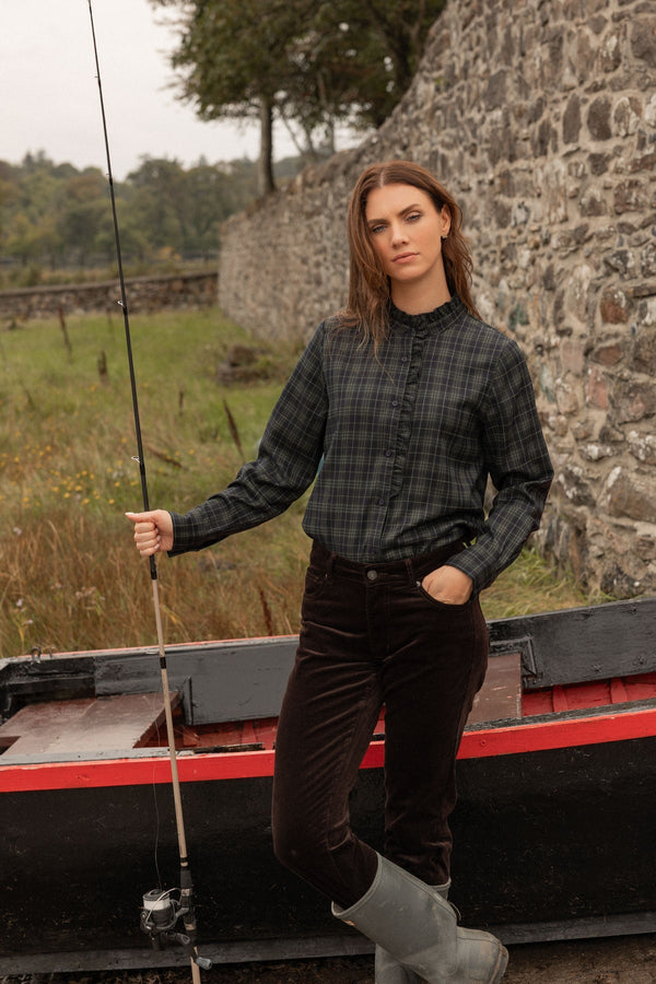 Carraig Donn Dark Green Checked Ruffle Neck Long Sleeve Shirt