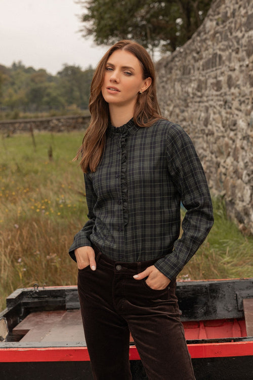 Dark Green Checked Ruffle Neck Long Sleeve Shirt