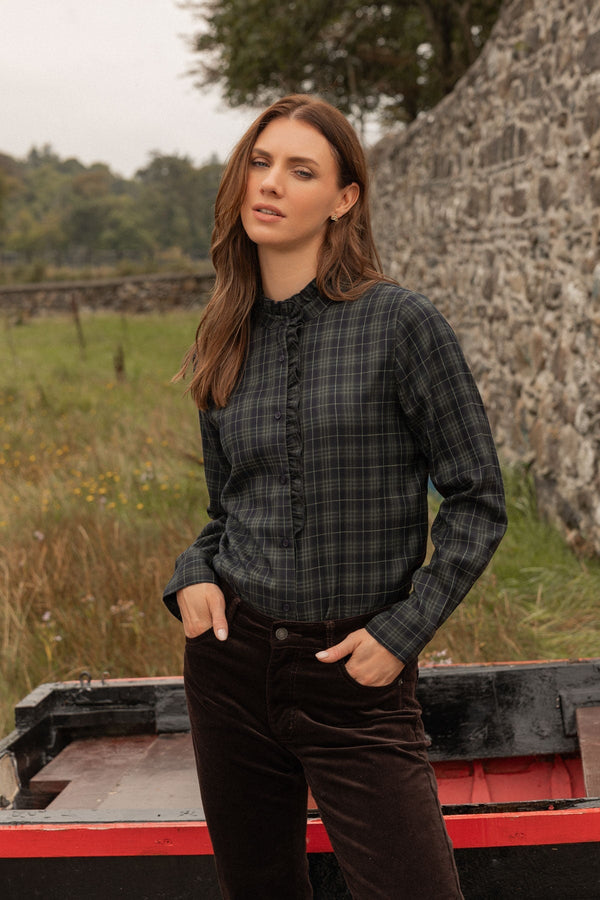Carraig Donn Dark Green Checked Ruffle Neck Long Sleeve Shirt