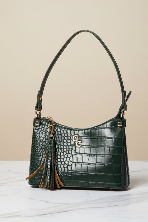 Carraig Donn Dark Green Faux Leather Croc Embossed Mini Shoulder Bag
