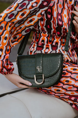 Carraig Donn Dark Green Faux Leather Croc Embossed Saddle Bag