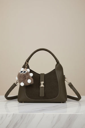 Carraig Donn Dark Green Faux Leather & Suede Fluffy Charm Top Handle Bag