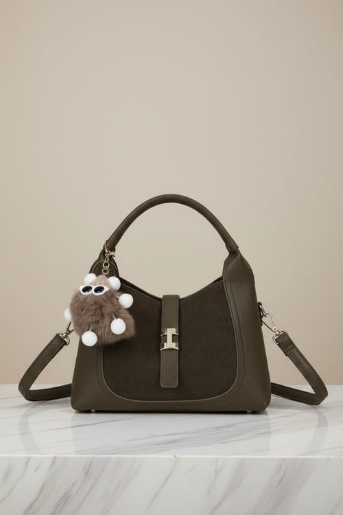 Dark Green Faux Leather & Suede Fluffy Charm Top Handle Bag