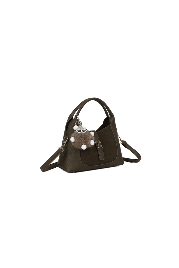 Carraig Donn Dark Green Faux Leather & Suede Fluffy Charm Top Handle Bag