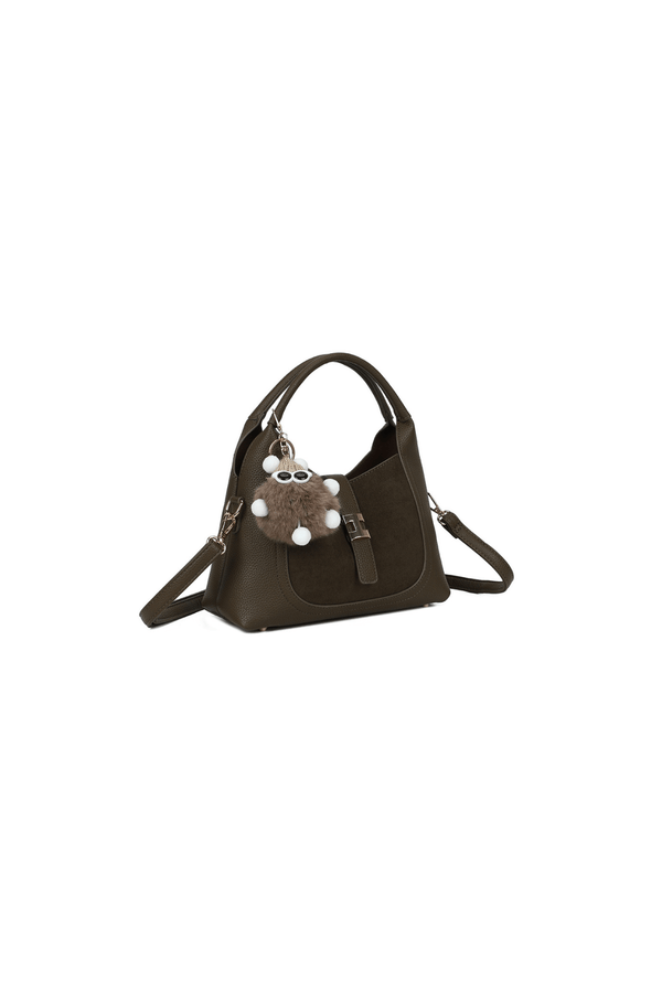 Carraig Donn Dark Green Faux Leather & Suede Fluffy Charm Top Handle Bag
